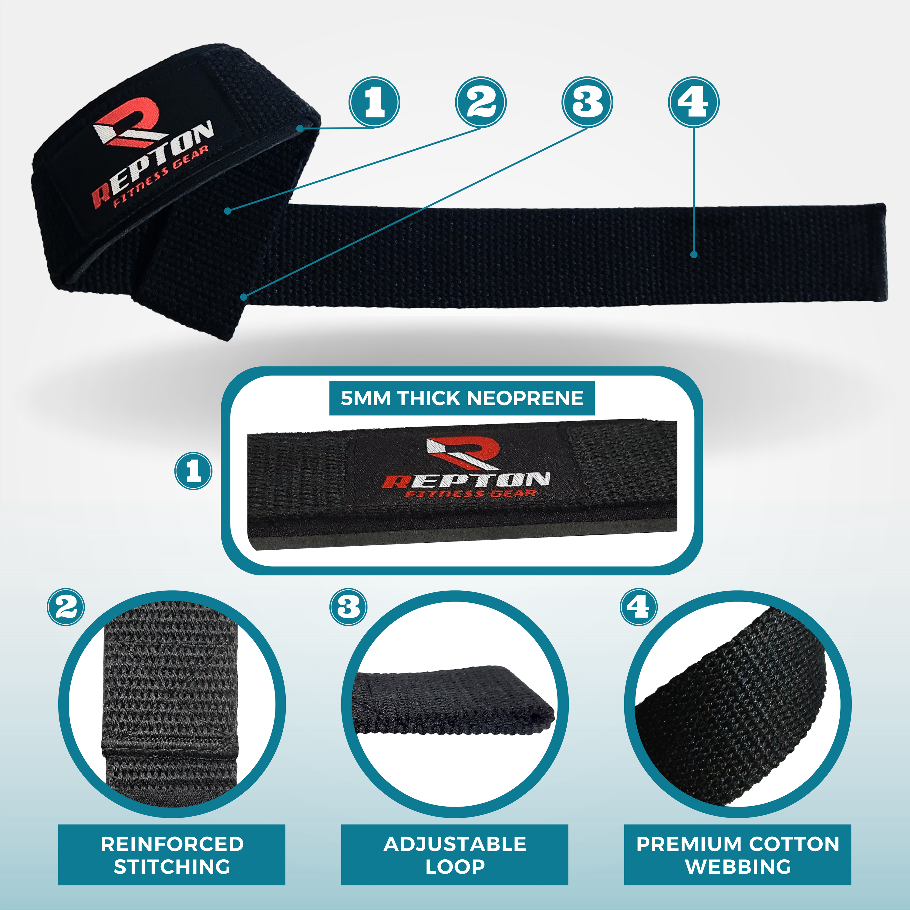 Weight Lifting Straps, Powerlifting Deadlifting, Anti Slip 60CM Hand Bar Grip, 5MM Neoprene Wrist Support, for Heavy Duty Bodybuilding Repton Fitness and Boxing Gears