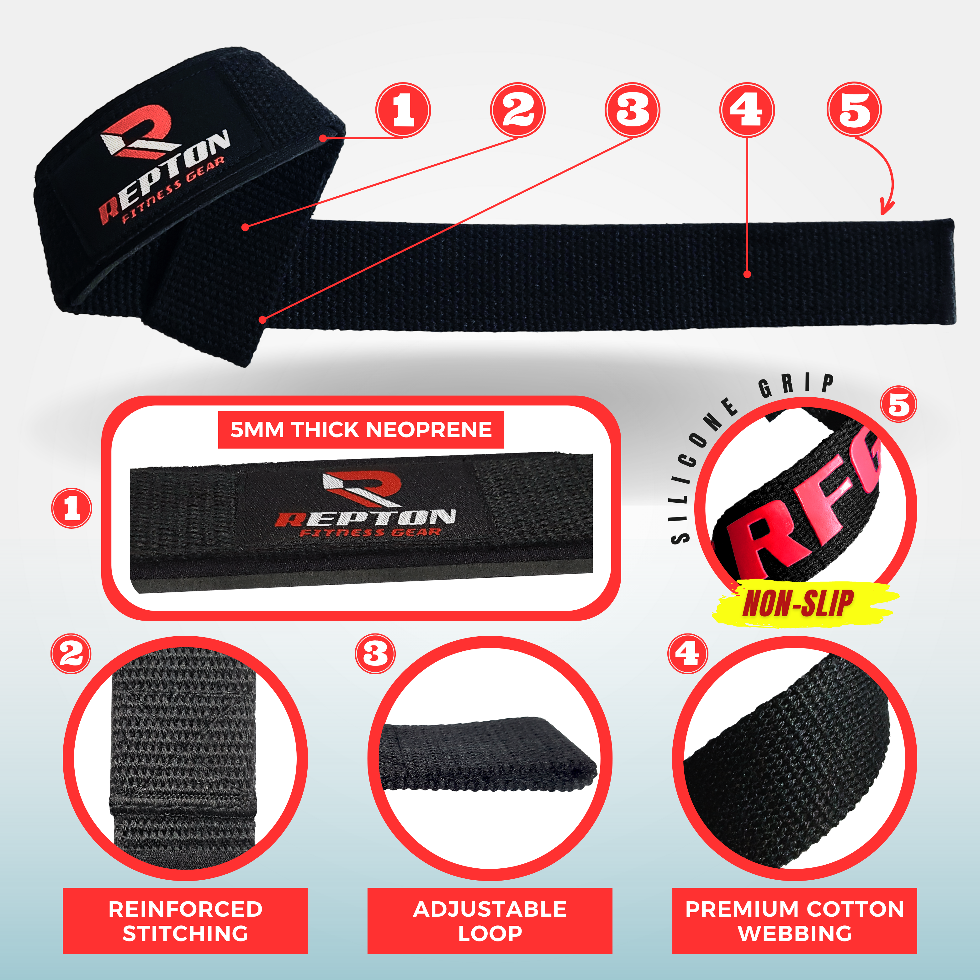Weight Lifting Straps, Powerlifting Deadlifting, Anti Slip 60CM Hand Bar Grip, 5MM Neoprene Wrist Support, for Heavy Duty Bodybuilding Repton Fitness and Boxing Gears