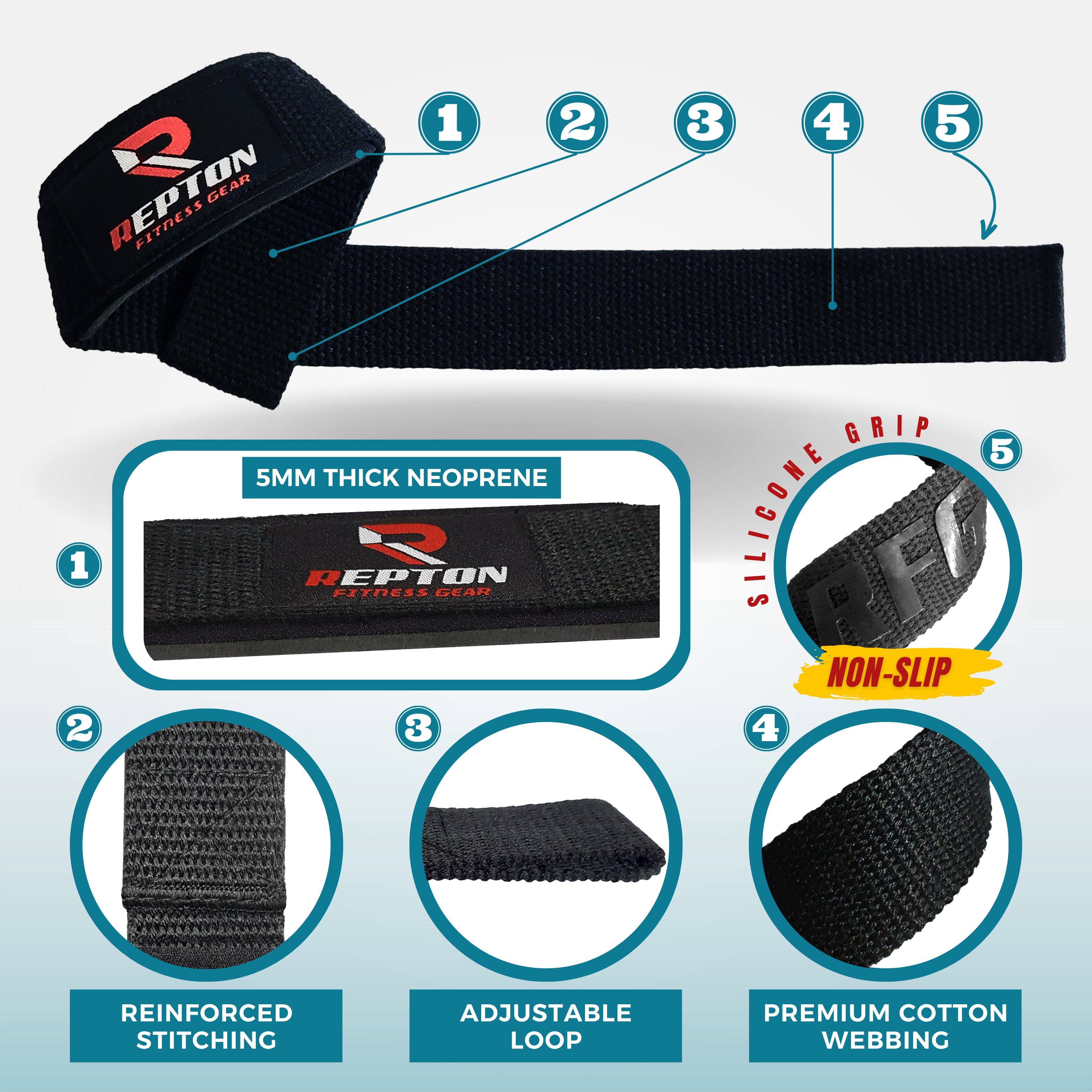 Weight Lifting Straps, Powerlifting Deadlifting, Anti Slip 60CM Hand Bar Grip, 5MM Neoprene Wrist Support, for Heavy Duty Bodybuilding Repton Fitness and Boxing Gears