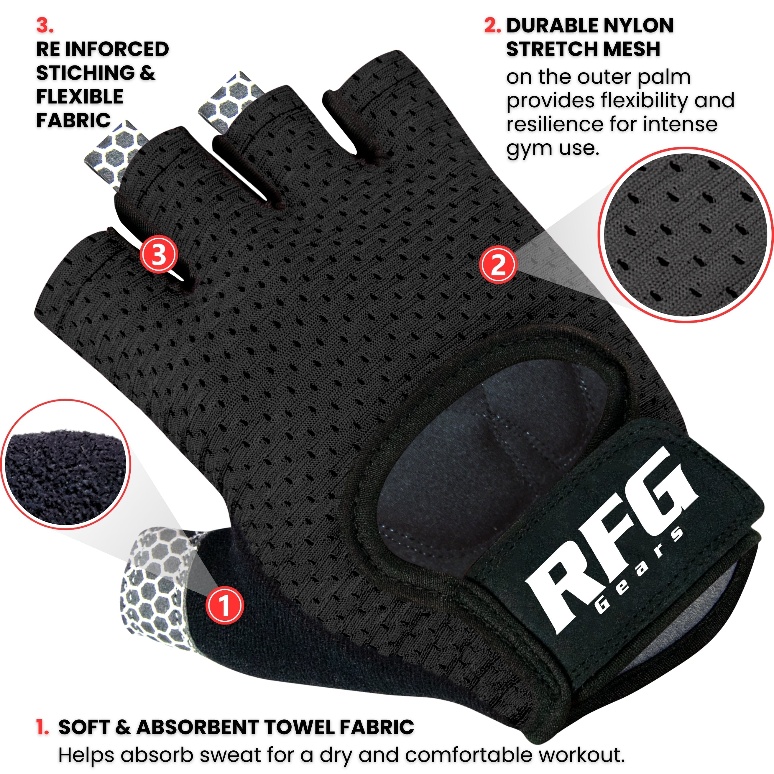 RFG Gears Gym Gloves with Wrist Strap Weight Lifting Gloves Breathable Mesh Back & Antislip Padding on Palms Suitable for Men & Women for Workout Fitness Strength Training & Cycling Repton Fitness Gear