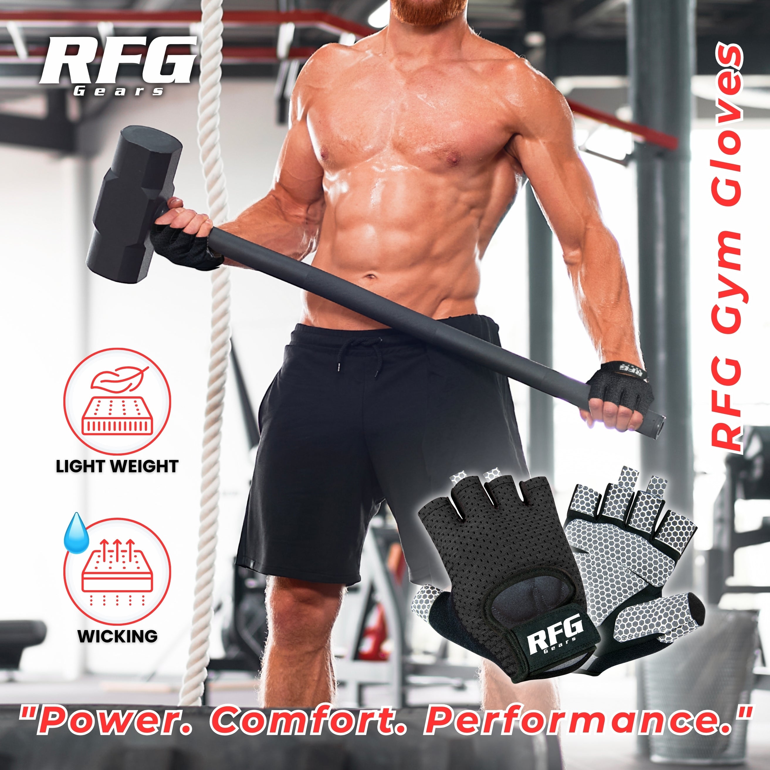 RFG Gears Gym Gloves with Wrist Strap Weight Lifting Gloves Breathable Mesh Back & Antislip Padding on Palms Suitable for Men & Women for Workout Fitness Strength Training & Cycling Repton Fitness Gear
