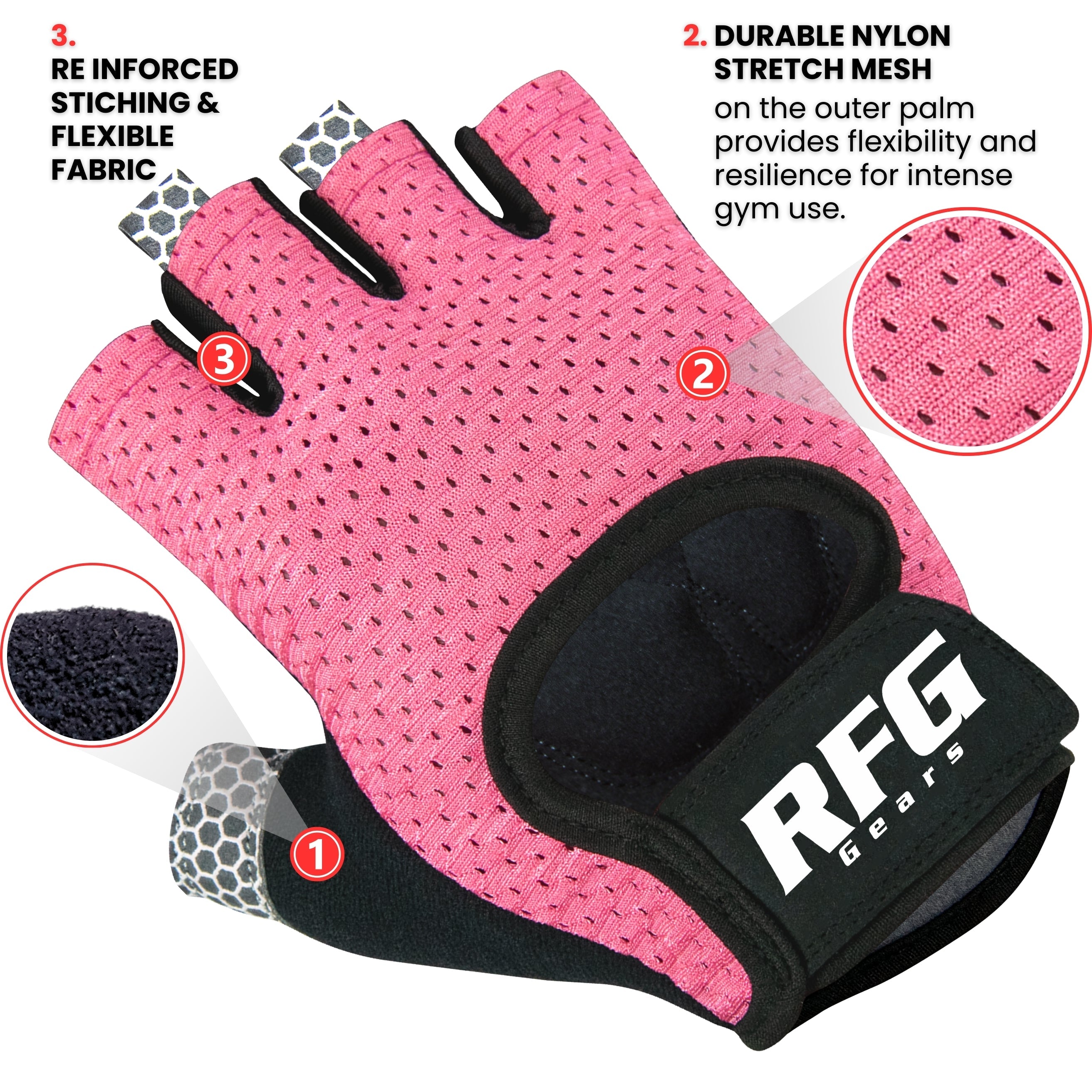 RFG Gears Gym Gloves with Wrist Strap Weight Lifting Gloves Breathable Mesh Back & Antislip Padding on Palms Suitable for Men & Women for Workout Fitness Strength Training & Cycling Repton Fitness Gear