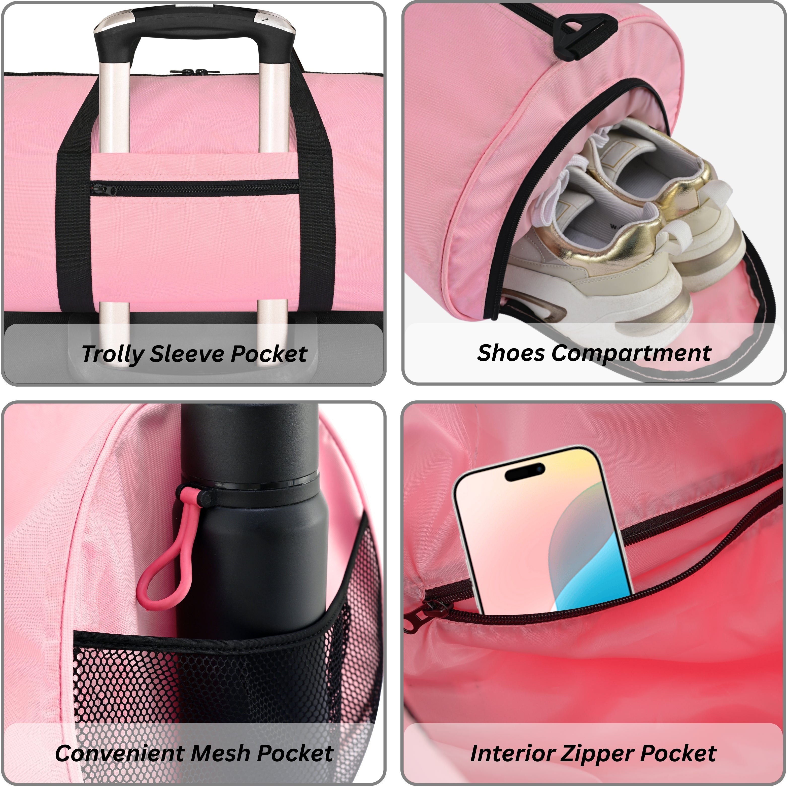 Travel Holdall with Trolley Sleeve & Padded Straps (Jet Black, Pink) Repton Fitness and Boxing Gears