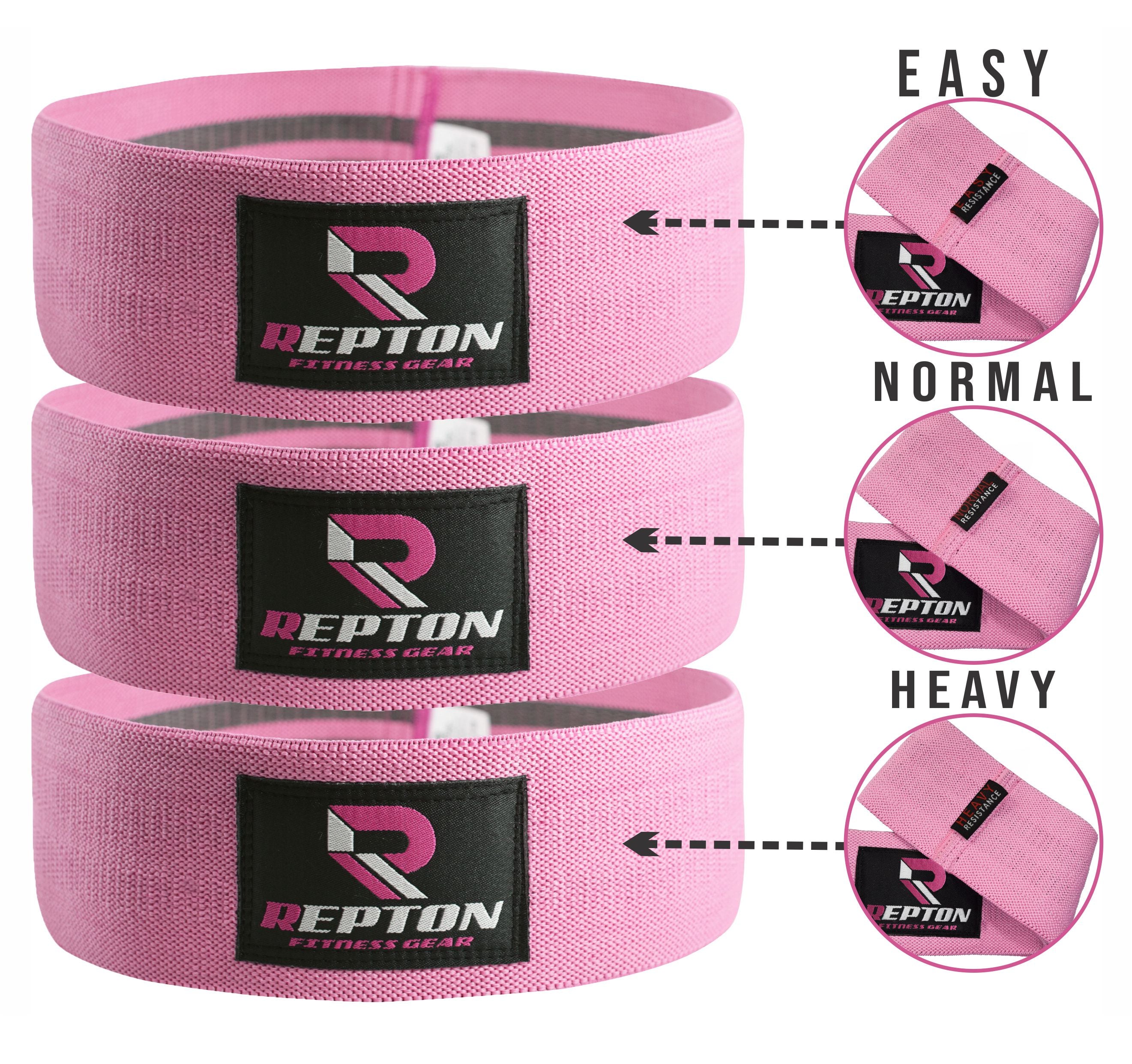 Pink Set Of 3 Resistance Booty Bands with Easy Normal and Heavy Resistance Repton Fitness Gear